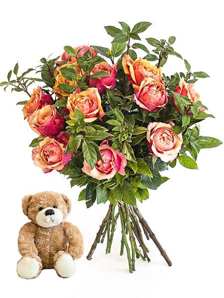 Orange Roses with a Small Teddy